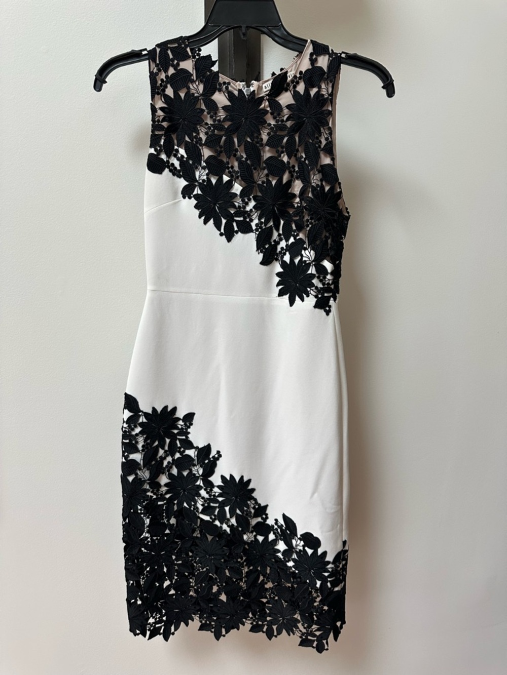 Alice + Olivia White Midi Dress with Black Floral Appliqué Overlay